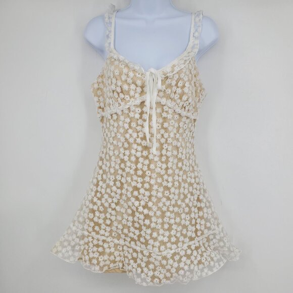 Lulus Charmaine White / Nude‎ Embroidered Mini Babydoll Top Mini Dress Medium - Picture 7 of 13